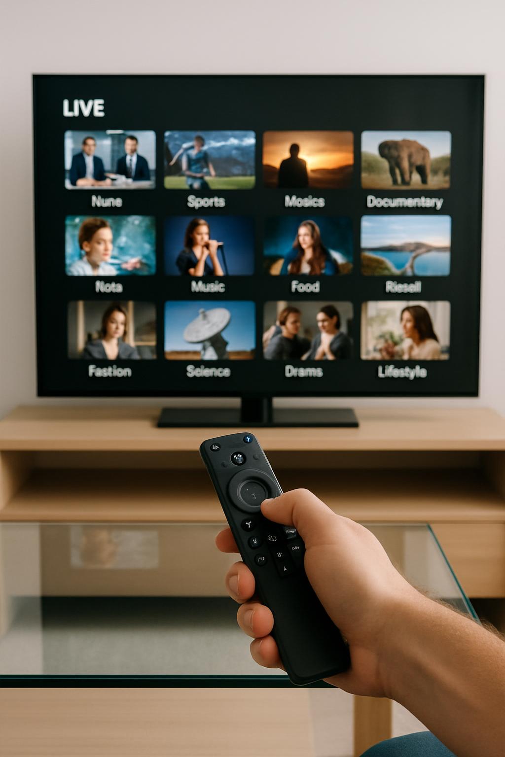 The TV being streamed has a visual of a man holding a remote control, and the screen displays the "LIVE" system menu, feat...