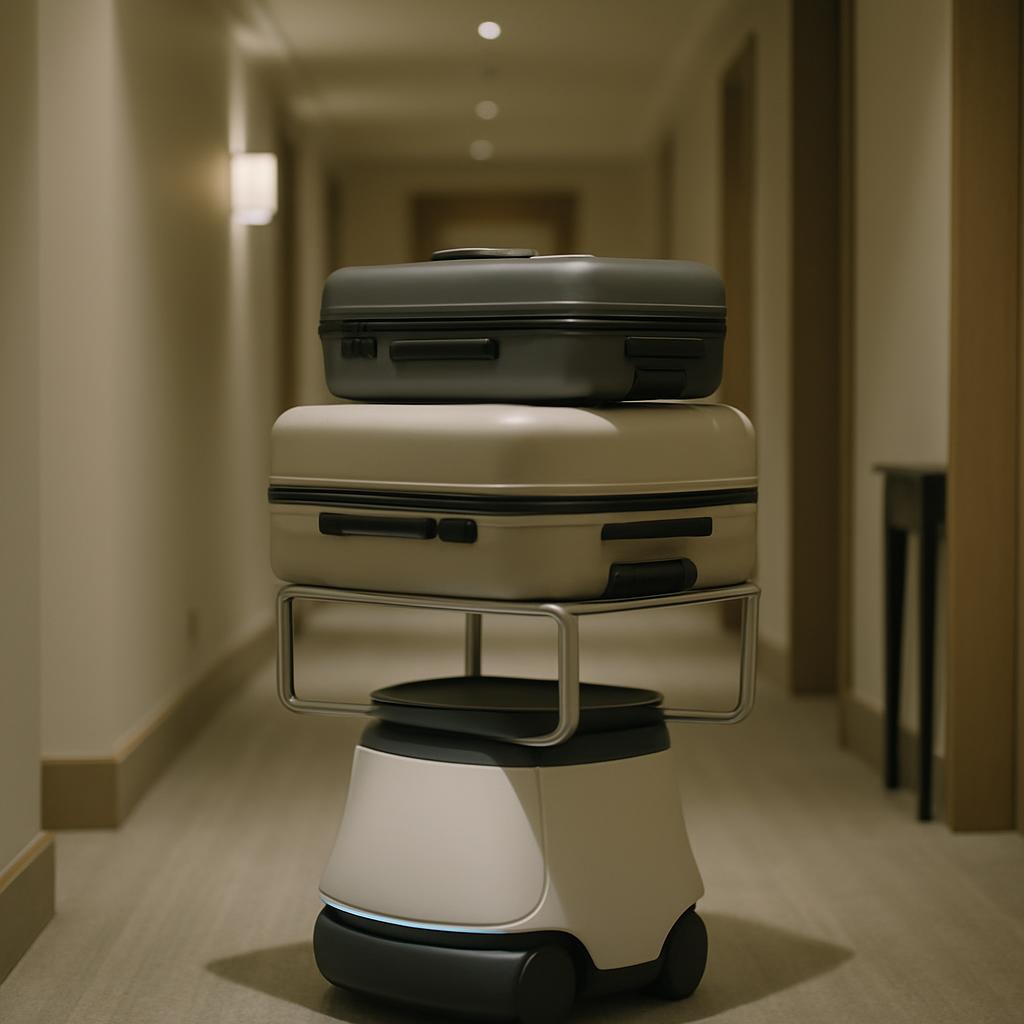Robot hotel cart with two suitcases stacked in the hallway.