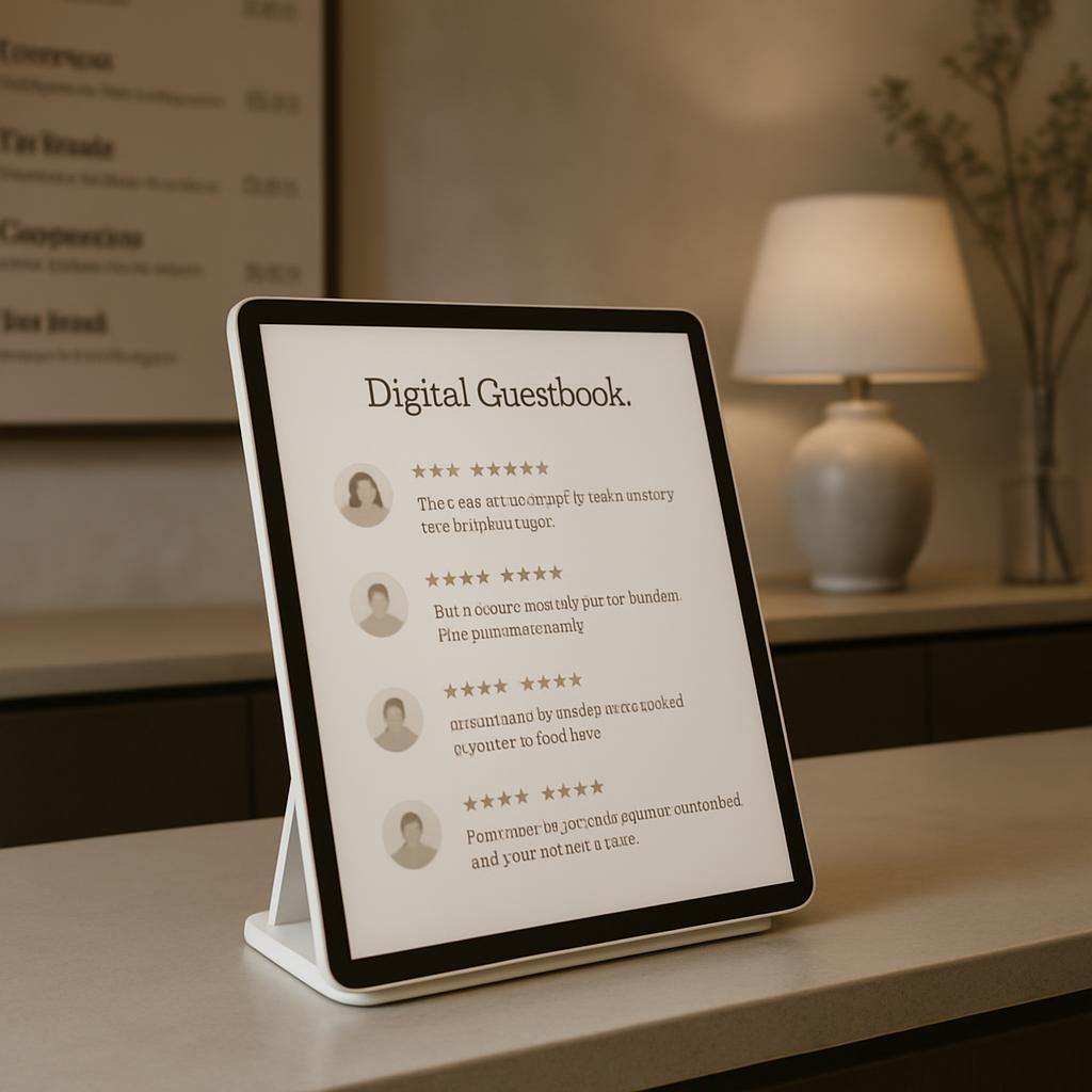 Tablet dibenamkan di meja yang tengah ruangan berwarna putih alami era modernistis. Tablet dapat berdiri di meja dengan me...