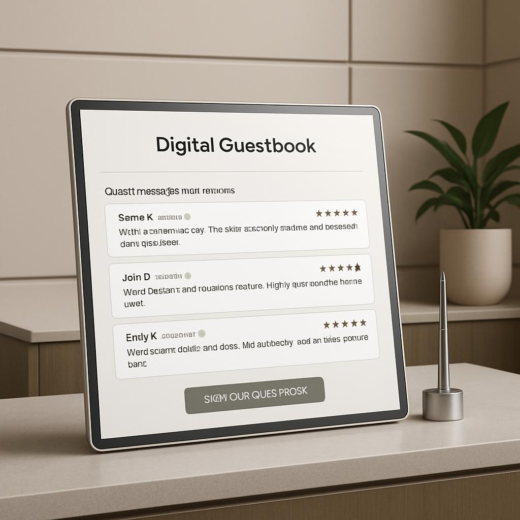 Digital Guestbook tablet screen with reviews. Siglap Our Ques Prosk.